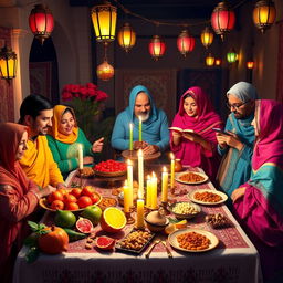 A vibrant and colorful celebration of Yalda Night in Iran, showcasing a traditional family gathering