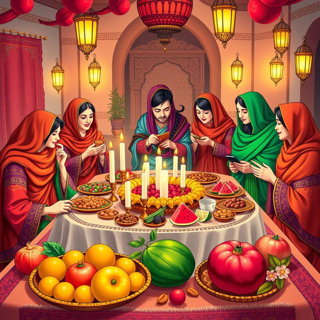 A vibrant and colorful celebration of Yalda Night in Iran, showcasing a traditional family gathering