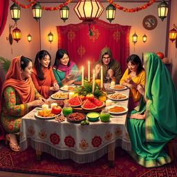 A vibrant and colorful celebration of Yalda Night in Iran, showcasing a traditional family gathering