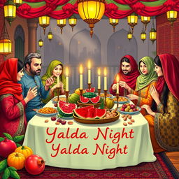 A vibrant and colorful celebration of Yalda Night in Iran, showcasing a traditional family gathering