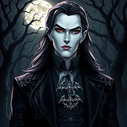 A striking vampire character design suitable for a gothic novel cover