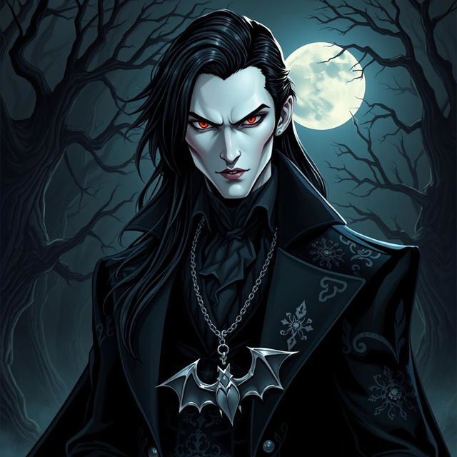 A striking vampire character design suitable for a gothic novel cover