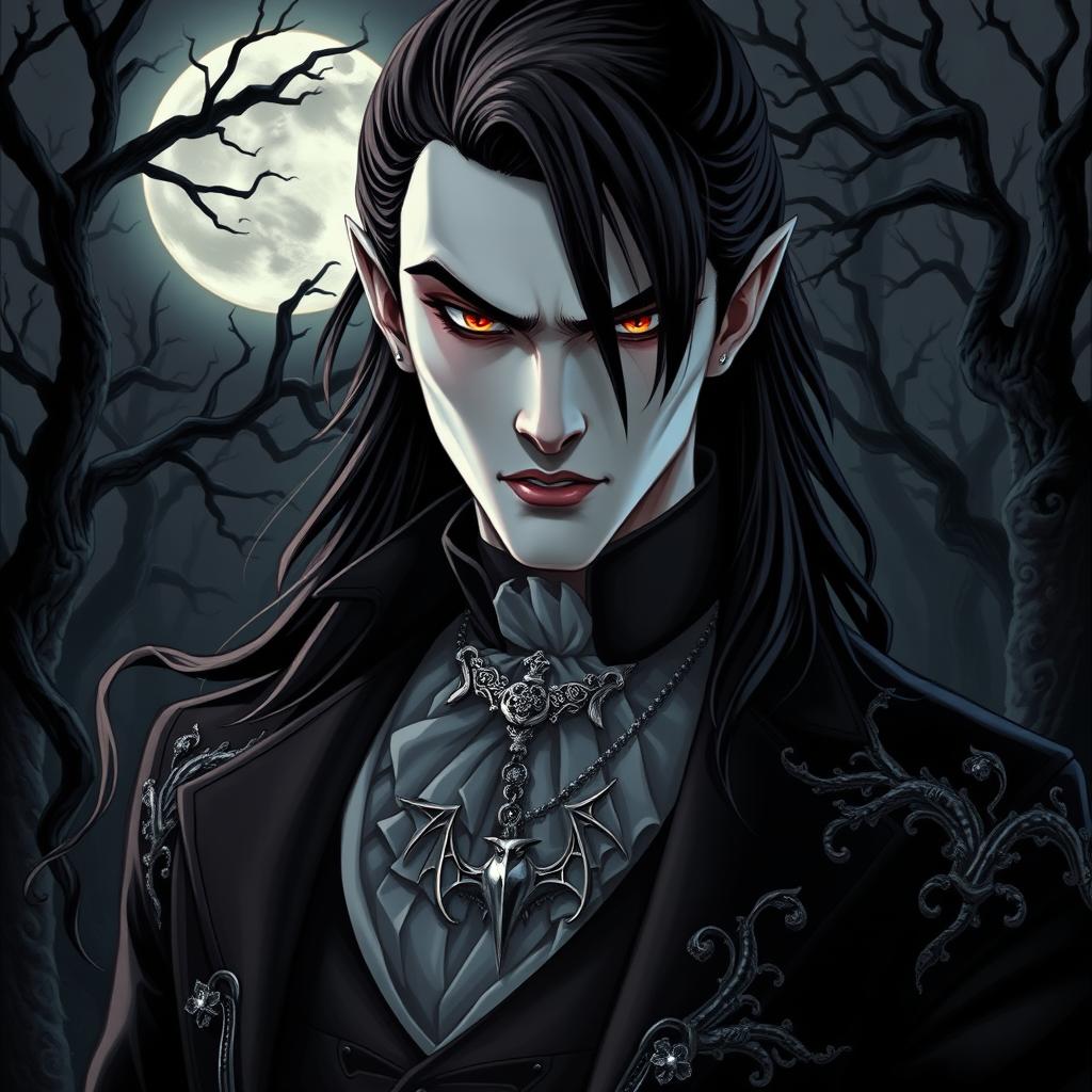 A striking vampire character design suitable for a gothic novel cover