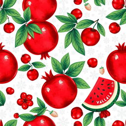 A vibrant and intricate pattern inspired by Yalda night, featuring rich and detailed illustrations of pomegranates and watermelons, surrounded by motifs of snow and ice, symbolizing winter