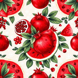 A vibrant and intricate pattern inspired by Yalda night, featuring rich and detailed illustrations of pomegranates and watermelons, surrounded by motifs of snow and ice, symbolizing winter