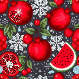 A vibrant and intricate pattern inspired by Yalda night, featuring rich and detailed illustrations of pomegranates and watermelons, surrounded by motifs of snow and ice, symbolizing winter