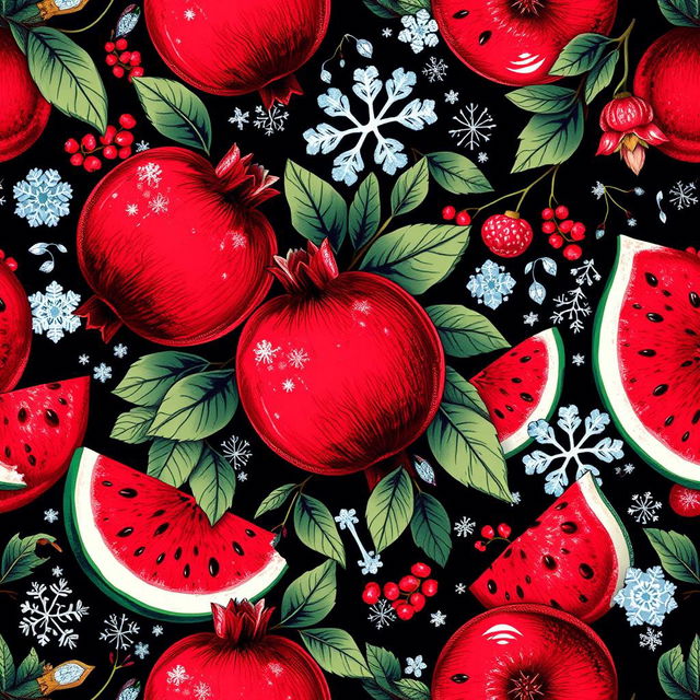 A vibrant and intricate pattern inspired by Yalda night, featuring rich and detailed illustrations of pomegranates and watermelons, surrounded by motifs of snow and ice, symbolizing winter