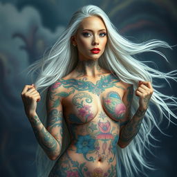 A breathtaking woman with long, flowing white hair, adorned with an artistic full body tattoo that showcases intricate, colorful designs