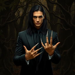 A dark brown forest background portrayed with lush leaves, intricately twisted branches, and imposing dark trees