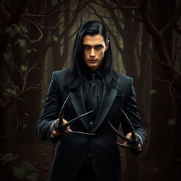 A dark brown forest background portrayed with lush leaves, intricately twisted branches, and imposing dark trees