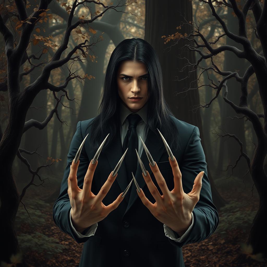 A dark brown forest background portrayed with lush leaves, intricately twisted branches, and imposing dark trees