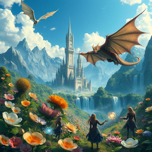 A majestic fantasy landscape featuring a sprawling enchanted forest, filled with oversized flowers and luminescent plants