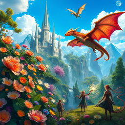 A majestic fantasy landscape featuring a sprawling enchanted forest, filled with oversized flowers and luminescent plants