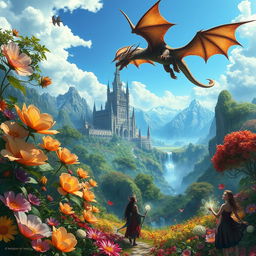 A majestic fantasy landscape featuring a sprawling enchanted forest, filled with oversized flowers and luminescent plants