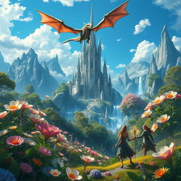 A majestic fantasy landscape featuring a sprawling enchanted forest, filled with oversized flowers and luminescent plants