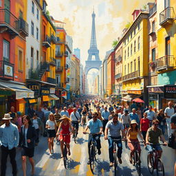 An impressionist painting depicting a vibrant and bustling cityscape, filled with colorful buildings, busy streets, and animated figures going about their day
