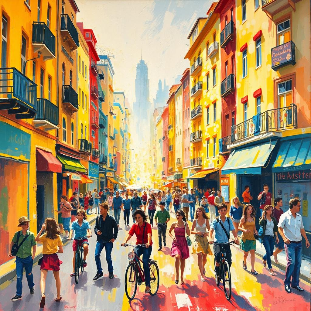 An impressionist painting depicting a vibrant and bustling cityscape, filled with colorful buildings, busy streets, and animated figures going about their day