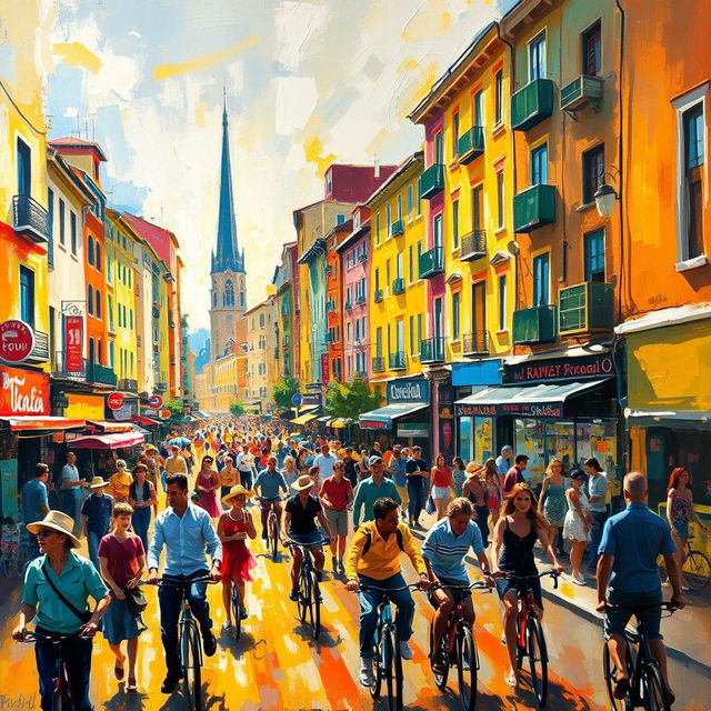 An impressionist painting depicting a vibrant and bustling cityscape, filled with colorful buildings, busy streets, and animated figures going about their day