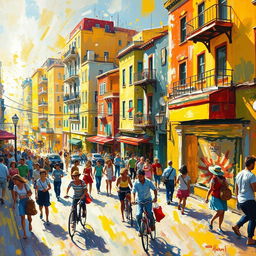 An impressionist painting depicting a vibrant and bustling cityscape, filled with colorful buildings, busy streets, and animated figures going about their day
