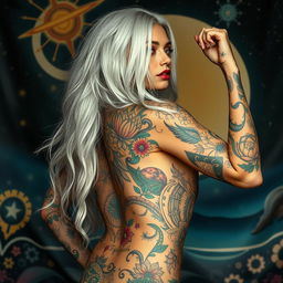A striking woman with cascading long white hair, exuding confidence and strength, adorned in a stunning full body tattoo that features an array of intricate designs and vibrant colors