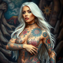 A striking woman with cascading long white hair, exuding confidence and strength, adorned in a stunning full body tattoo that features an array of intricate designs and vibrant colors