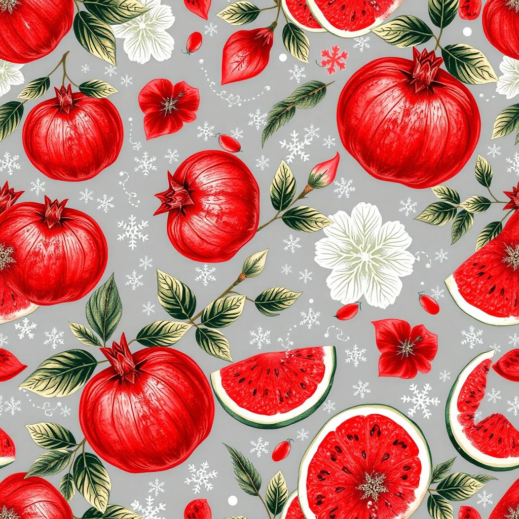 A vibrant and intricate pattern celebrating Yalda night, featuring beautiful illustrations of pomegranates and watermelons, interspersed with delicate motifs of snow and ice, symbolizing the winter season