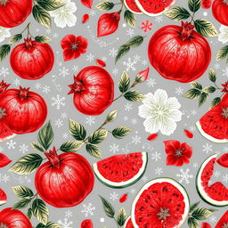 A vibrant and intricate pattern celebrating Yalda night, featuring beautiful illustrations of pomegranates and watermelons, interspersed with delicate motifs of snow and ice, symbolizing the winter season