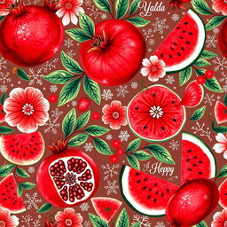 A vibrant and intricate pattern celebrating Yalda night, featuring beautiful illustrations of pomegranates and watermelons, interspersed with delicate motifs of snow and ice, symbolizing the winter season
