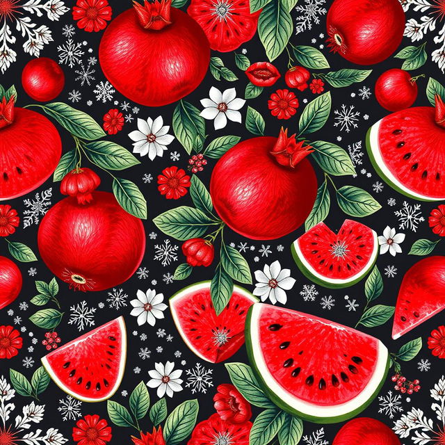 A vibrant and intricate pattern celebrating Yalda night, featuring beautiful illustrations of pomegranates and watermelons, interspersed with delicate motifs of snow and ice, symbolizing the winter season