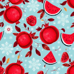 A vibrant and intricate pattern celebrating Yalda night, featuring beautiful illustrations of pomegranates and watermelons, interspersed with delicate motifs of snow and ice, symbolizing the winter season