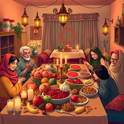 A vibrant and festive scene depicting Yalda Night in Iran, showcasing families gathered together in a cozy living room filled with traditional Persian decorations