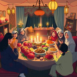 A vibrant and festive scene depicting Yalda Night in Iran, showcasing families gathered together in a cozy living room filled with traditional Persian decorations