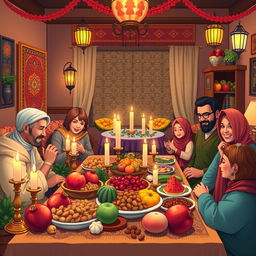 A vibrant and festive scene depicting Yalda Night in Iran, showcasing families gathered together in a cozy living room filled with traditional Persian decorations