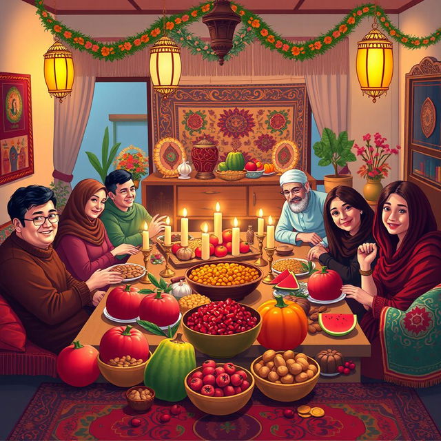 A vibrant and festive scene depicting Yalda Night in Iran, showcasing families gathered together in a cozy living room filled with traditional Persian decorations