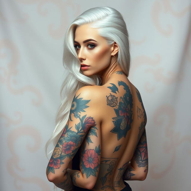 A captivating woman with long, flowing white hair, elegantly styled, featuring an assortment of tattoos that adorn her arms, shoulders, and back