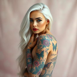 A captivating woman with long, flowing white hair, elegantly styled, featuring an assortment of tattoos that adorn her arms, shoulders, and back