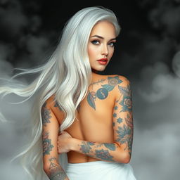 A captivating woman with long, flowing white hair, elegantly styled, featuring an assortment of tattoos that adorn her arms, shoulders, and back