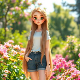 A tall girl with long, flowing hair, standing at 1