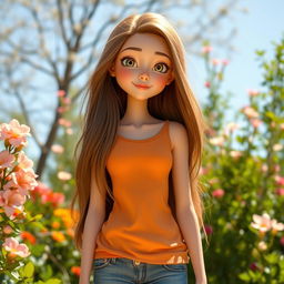 A tall girl with long, flowing hair, standing at 1