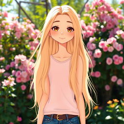 A tall girl with long, flowing hair, standing at 1