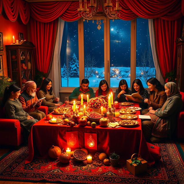 A vibrant Yalda Night celebration in Iran, showcasing a beautifully decorated traditional living room with red and green colors