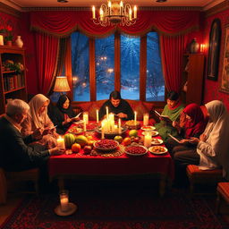A vibrant Yalda Night celebration in Iran, showcasing a beautifully decorated traditional living room with red and green colors