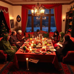 A vibrant Yalda Night celebration in Iran, showcasing a beautifully decorated traditional living room with red and green colors