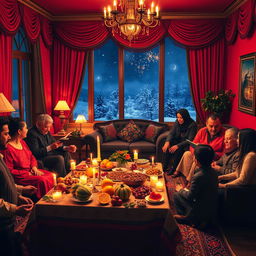 A vibrant Yalda Night celebration in Iran, showcasing a beautifully decorated traditional living room with red and green colors