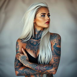 An enchanting woman with long, flowing white hair styled gracefully, covered in various tattoos that span her arms, shoulders, and neck
