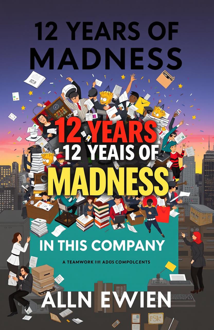 A striking book cover design for '12 Years of Madness in This Company', featuring a collage of chaotic office scenes illustrating the highs and lows of corporate life