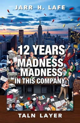 A striking book cover design for '12 Years of Madness in This Company', featuring a collage of chaotic office scenes illustrating the highs and lows of corporate life