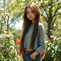 A realistic image of a tall girl with long, flowing hair, standing at 1