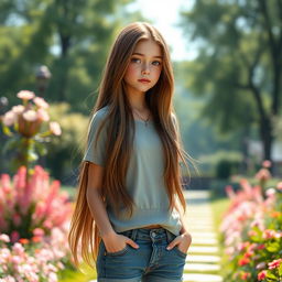 A realistic image of a tall girl with long, flowing hair, standing at 1