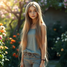 A realistic image of a tall girl with long, flowing hair, standing at 1